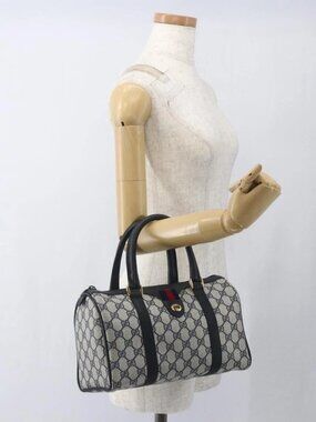 GUCCI GG Supreme Sherry Line Boston Bag PVC Navy Gold 40 02 006 Auth 165856